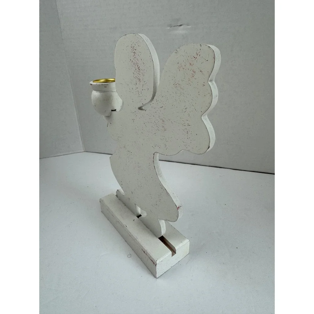 Vintage White Wooden Angel Taper Candle Holder Folk Art Christmas Decor 8.5 Inch